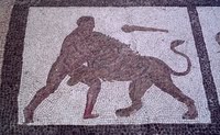 Ο Ηρακλής σκοτώνει το λιοντάρι της Νεμέας. Λεπτομέρεια ρωμαϊκού μωσαϊκό  από τη Llíria (Ισπανία).